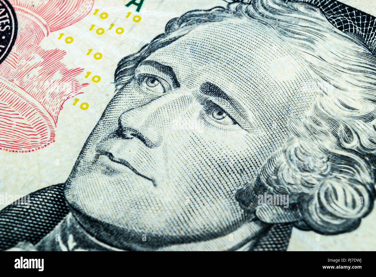 Close up view Portrait of Alexander Hamilton on the one ten dollar bill