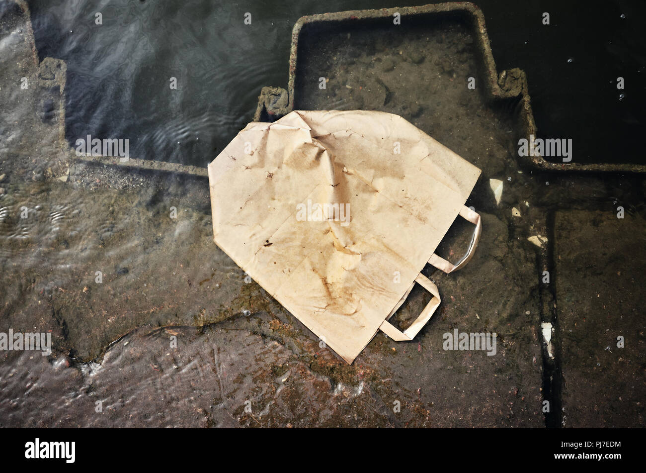 Paper shopping bag in water, conceptual picture. Stock Photo