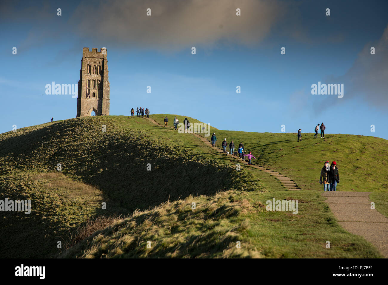 St Michael's Tower on Glastonbury Tor and town, Somerset England. Stock Photo