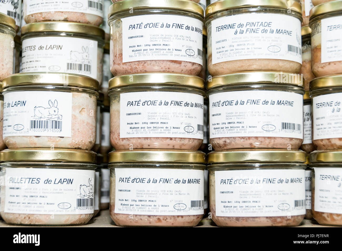 Ardennes pate on sale in Charleville-Mezieres  in the Ardennes of northern France. Stock Photo