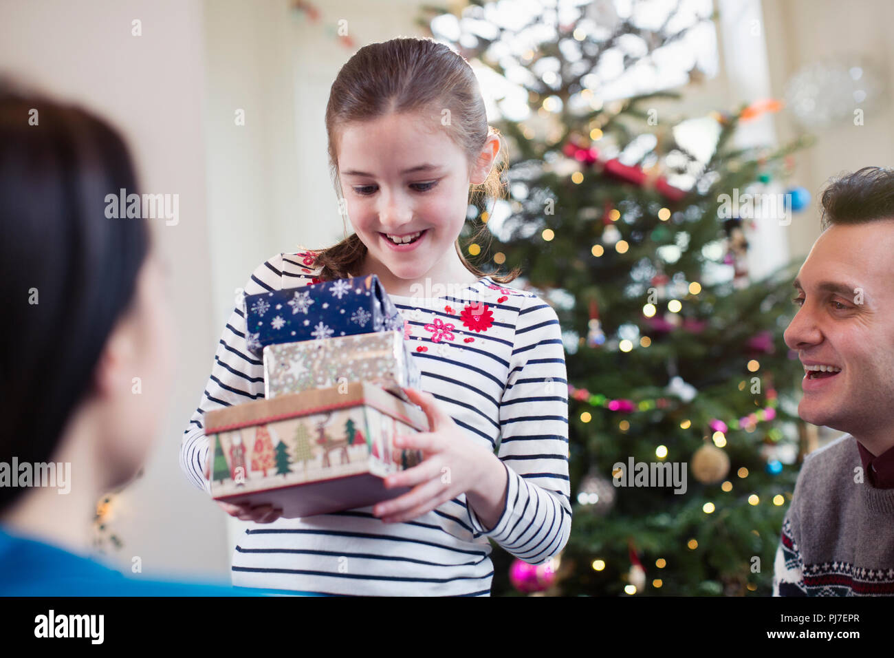 Girl gathering gifts in front of Christmas tree Stock Photo