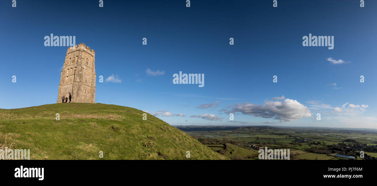 St Michael's Tower on Glastonbury Tor and town, Somerset England. Stock Photo