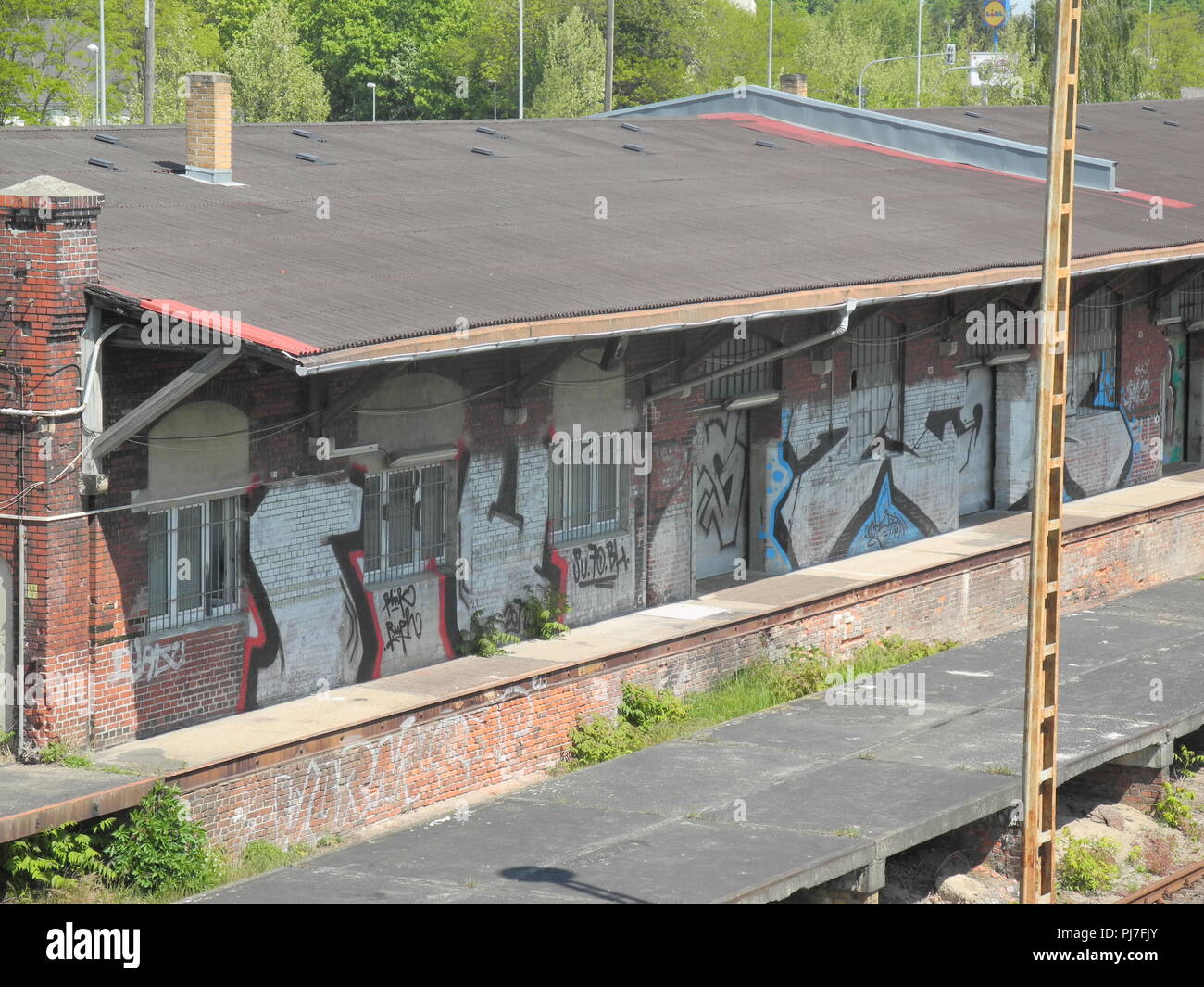 Brandenburg, GERMANY, 05.05.11, Industrial, Derelict, Building, General Goods Yard, Railways, Rolling Stock, Graffiti, Signage, © Peter SPURRIER, Stock Photo