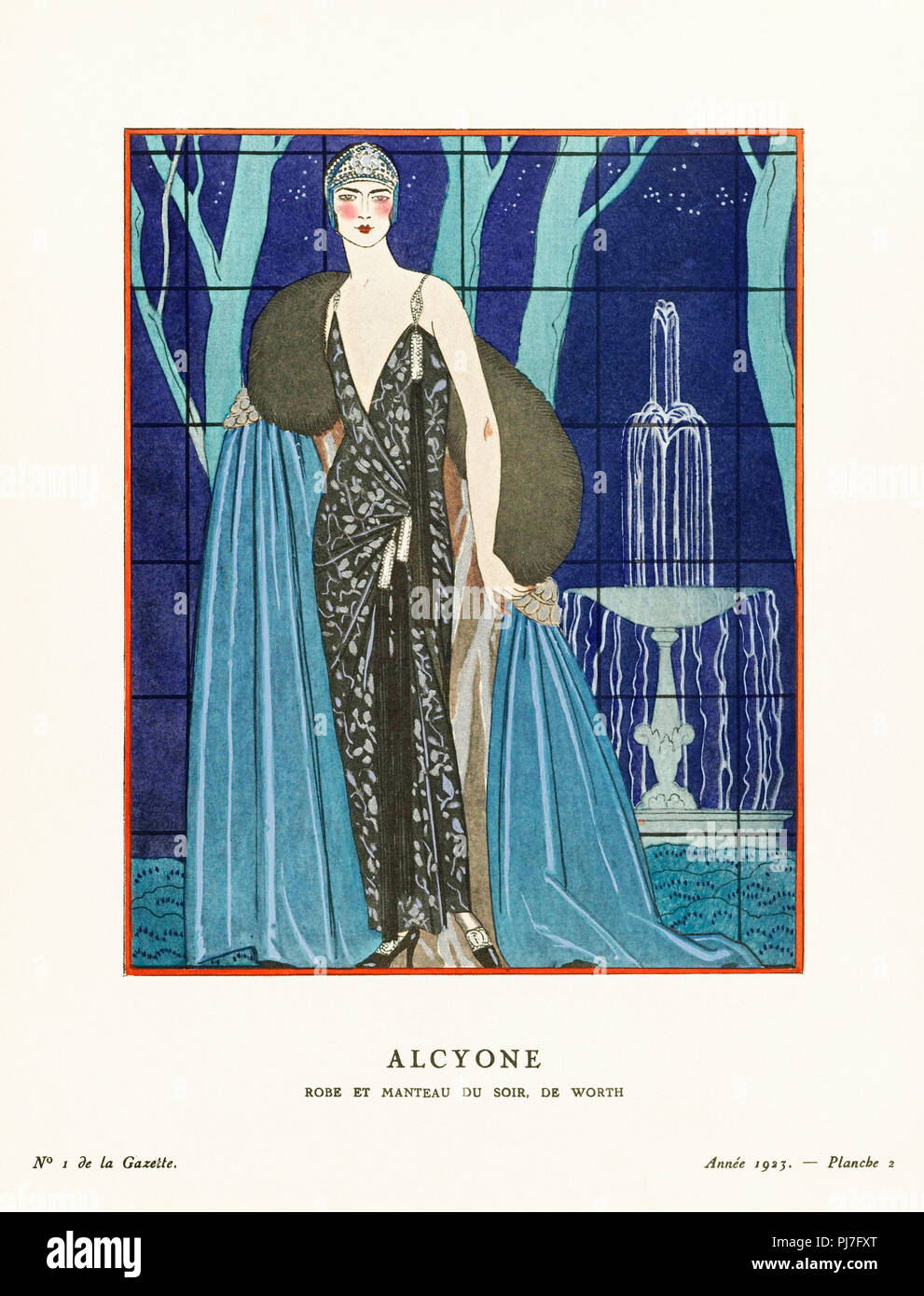 Alcyone.  Halcyon. Robe et Manteau du soir, de Worth.  Evening dress and coat by Worth.  Art-deco fashion illustration by French artist George Barbier, 1882-1932.  The work was created for the Gazette du Bon Ton, a Parisian fashion magazine published between 1912-1915 and 1919-1925. Stock Photo