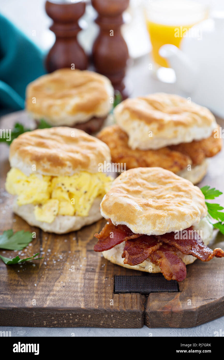 Breakfast biscuits with soft scrambled eggs, bacon, sausage and chicken