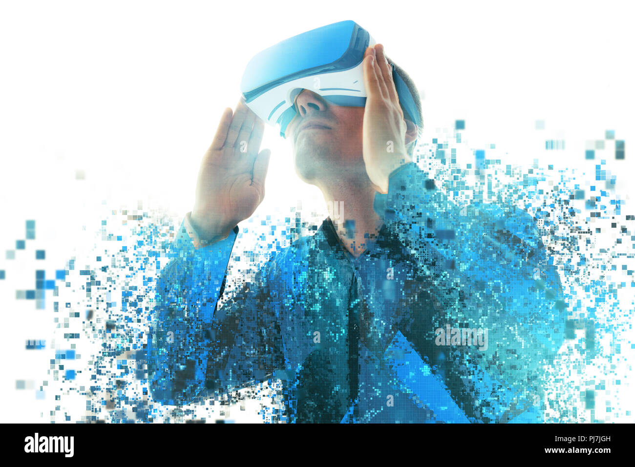 A person in virtual reality glasses flies to pixels. The concept of new technologies and technologies of the future.VR glasses. Stock Photo