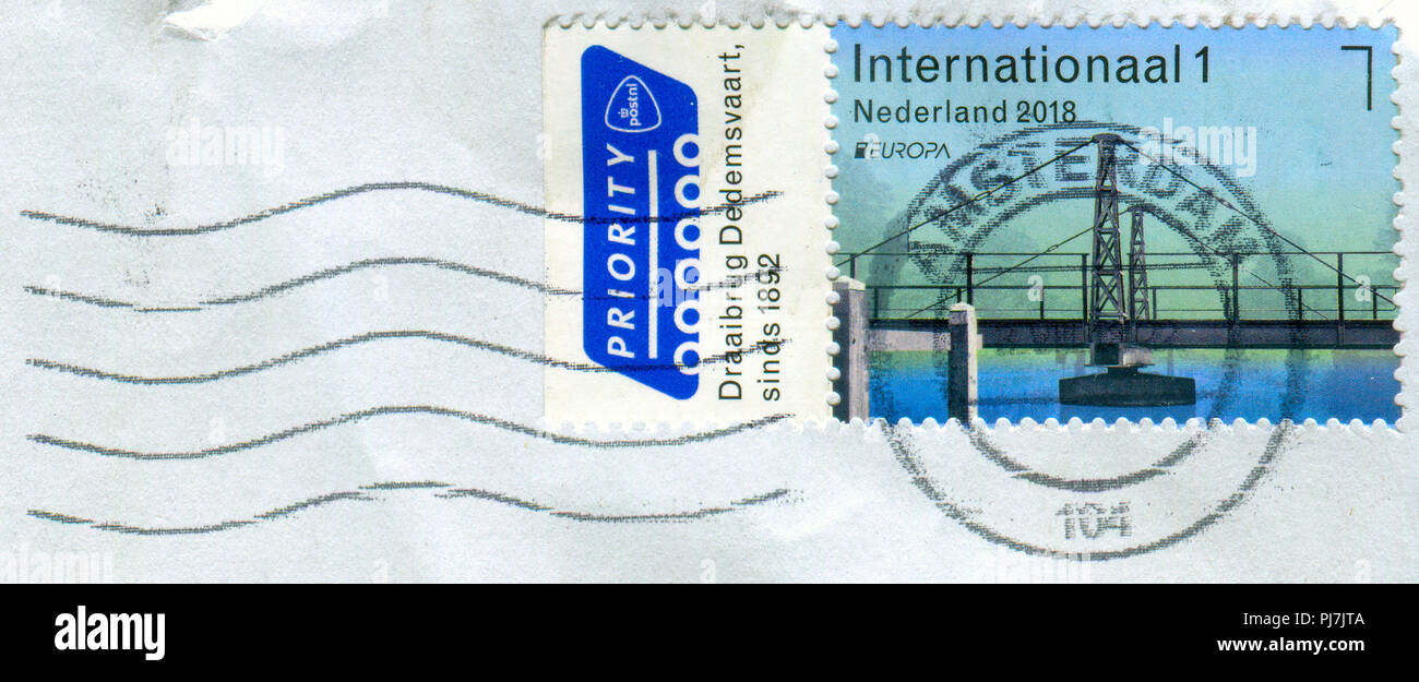 GOMEL, BELARUS, 14 AUGUST 2018, Stamp printed in Netherlands shows image of the Swing Brige, circa 2018. Stock Photo