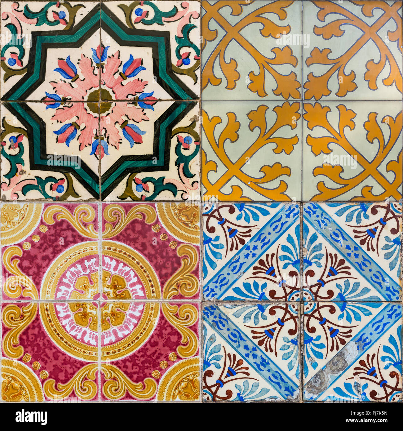 Mixed colage of the traditional portuguese azulejo tiles on the buildings in Porto, Portugal. Colorful background texture. Stock Photo