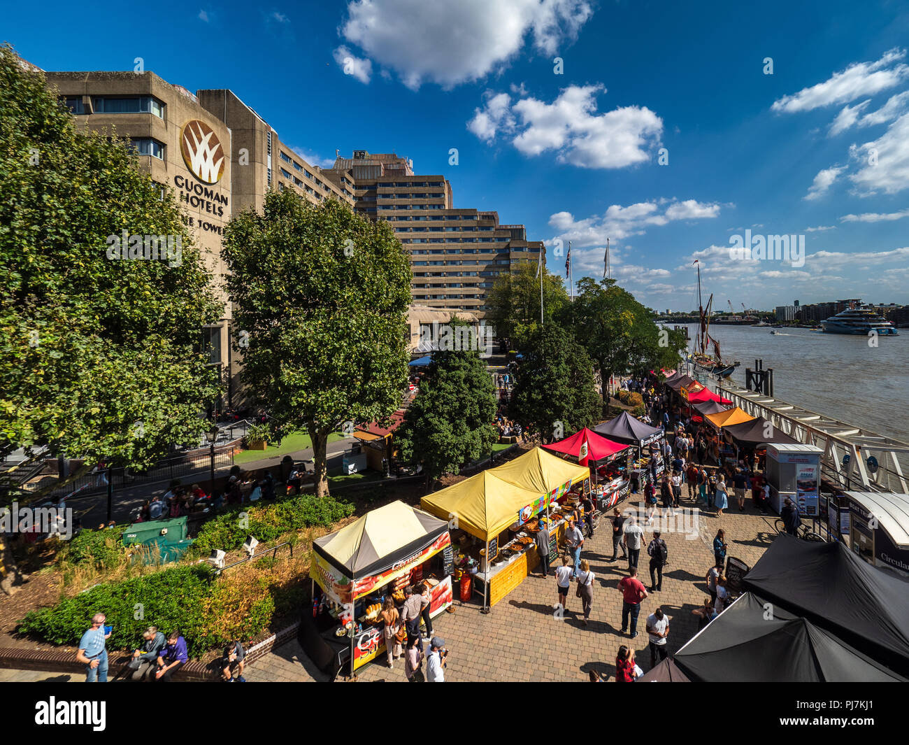 Tower Hotel and Street Food Market near Tower Bridge, Central London Stock Photo