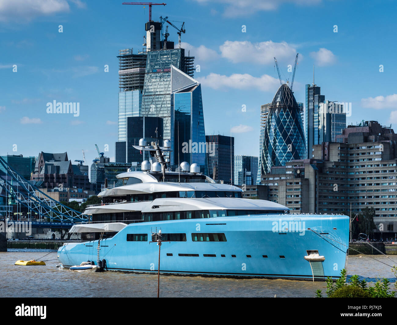 Aviva III Joe Lewis 98m SuperYacht moored on the River Thames in central London - Aviva Yacht was completed by Abeking & Rasmussen in 2017 Stock Photo