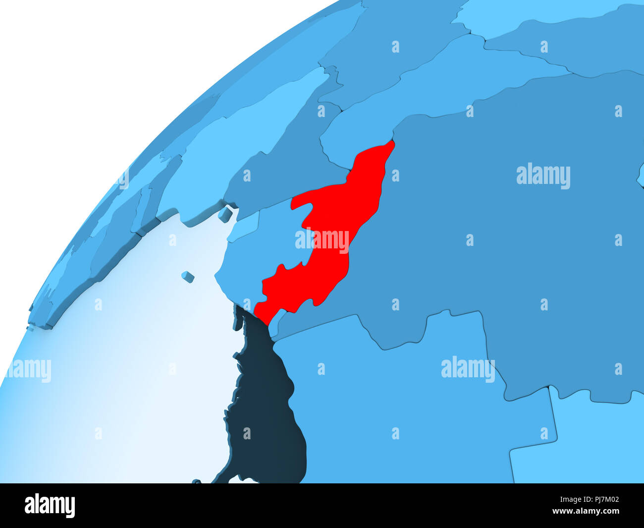 Congo in red on blue model of political globe with transparent oceans ...