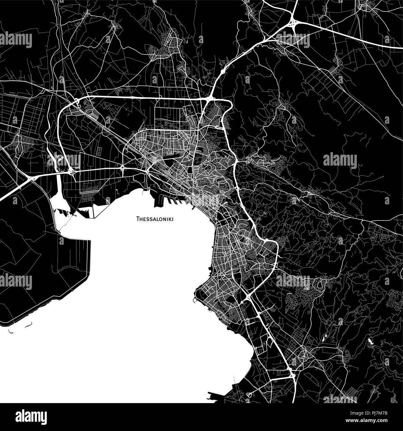 Area map of Thessaloniki, Greece. Dark background version for infographic and marketing projects. Stock Photo