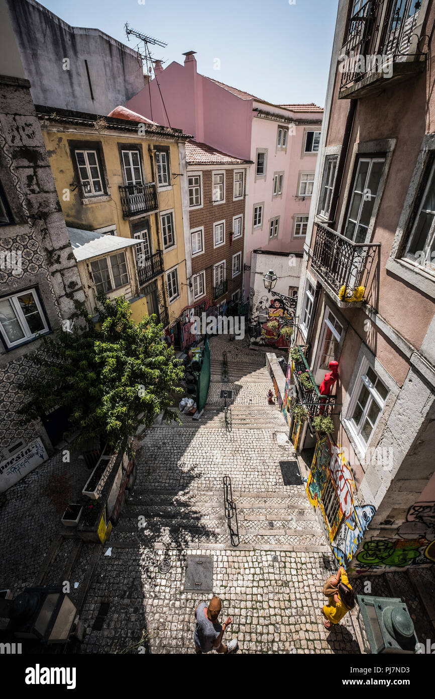 Old colorful houses and narrow streets of Lisbon, Portugal in Spring ...