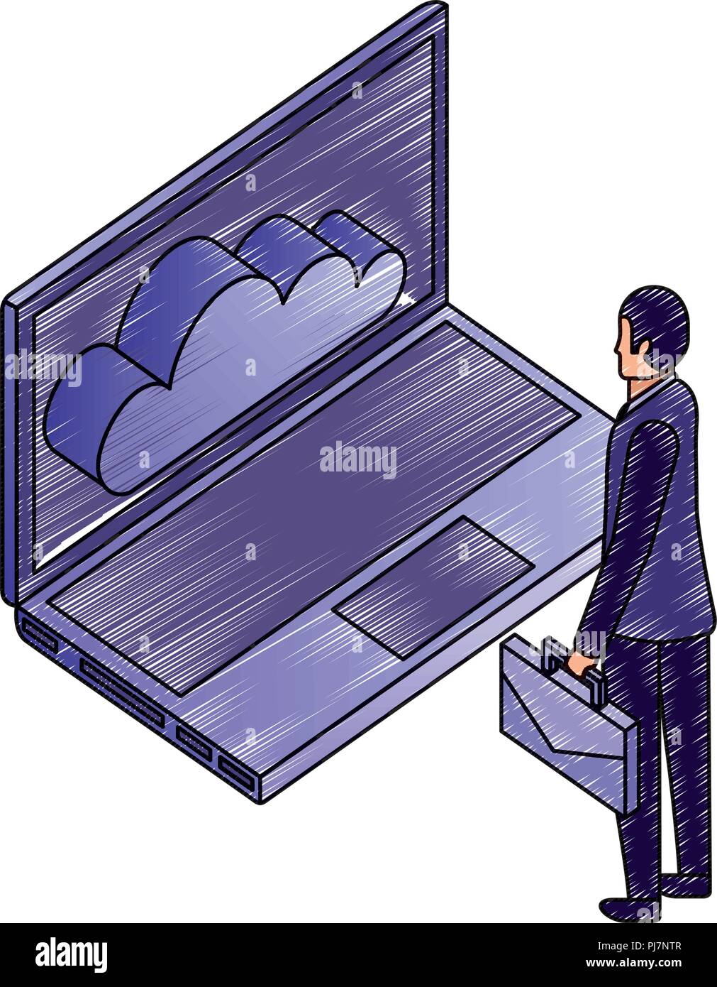 businessman with briefcase looking laptop cloud computing vector illustration Stock Vector