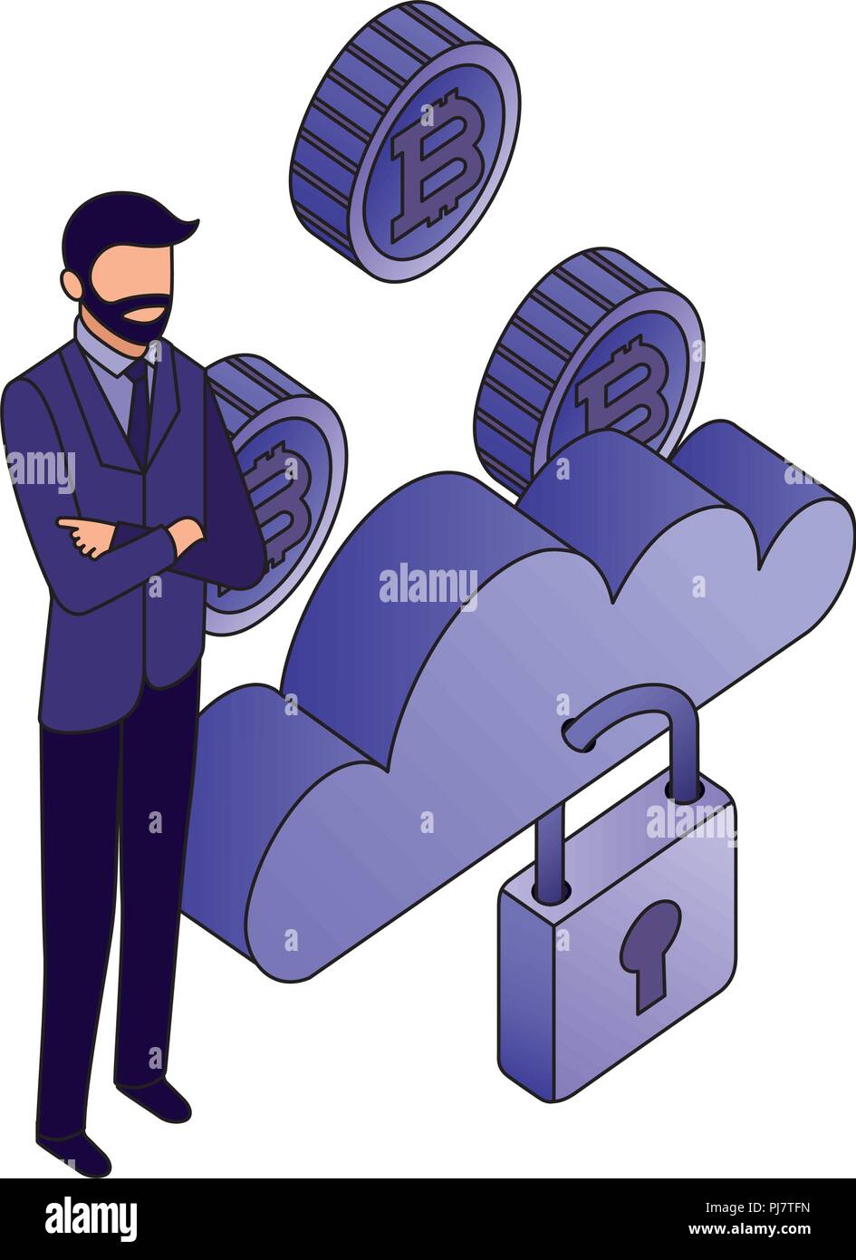 businessman cloud computing storage security coins vector illustration Stock Vector