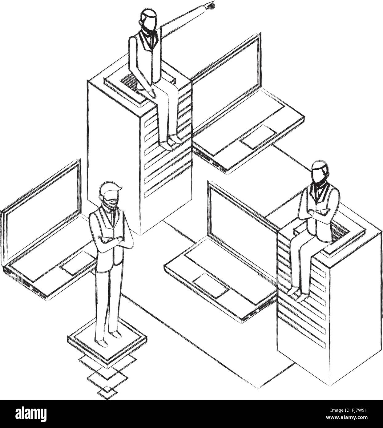 businessmen with laptops computers and data server vector illustration design Stock Vector