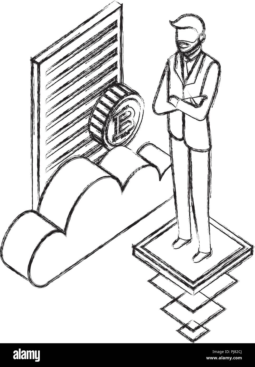 businessman with cloud computing bitcoin document vector illustration hand drawing Stock Vector