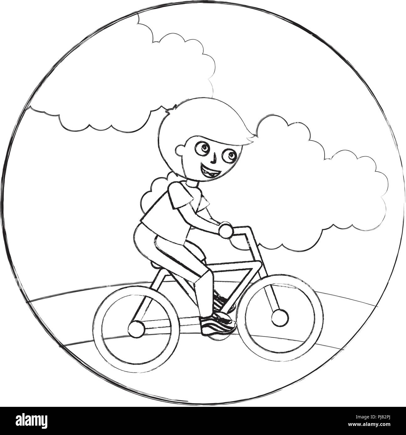 Happy Little Boy Riding In The Bike Vector Illustration Hand