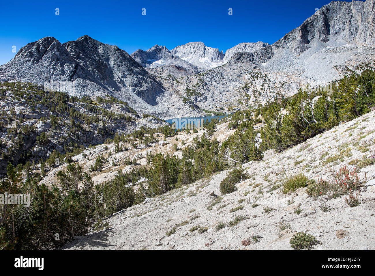 A view of Ruby Lake from above on the Mono Pass trail in the Eastern Sierra Nevada mountains of California USA Stock Photo