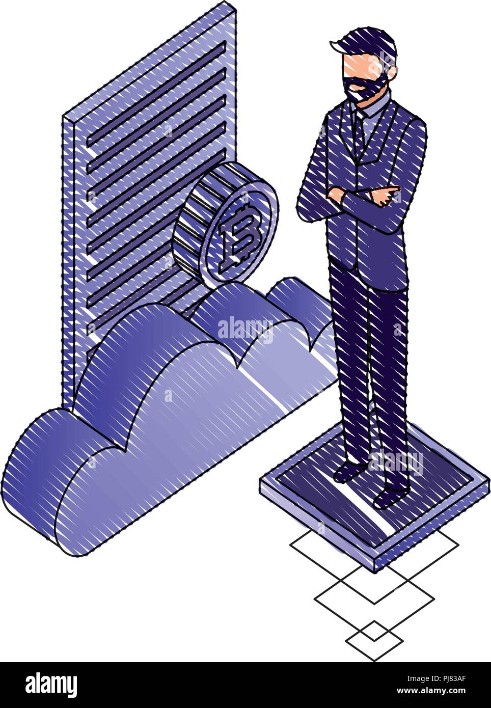 businessman with cloud computing bitcoin document vector illustration Stock Vector