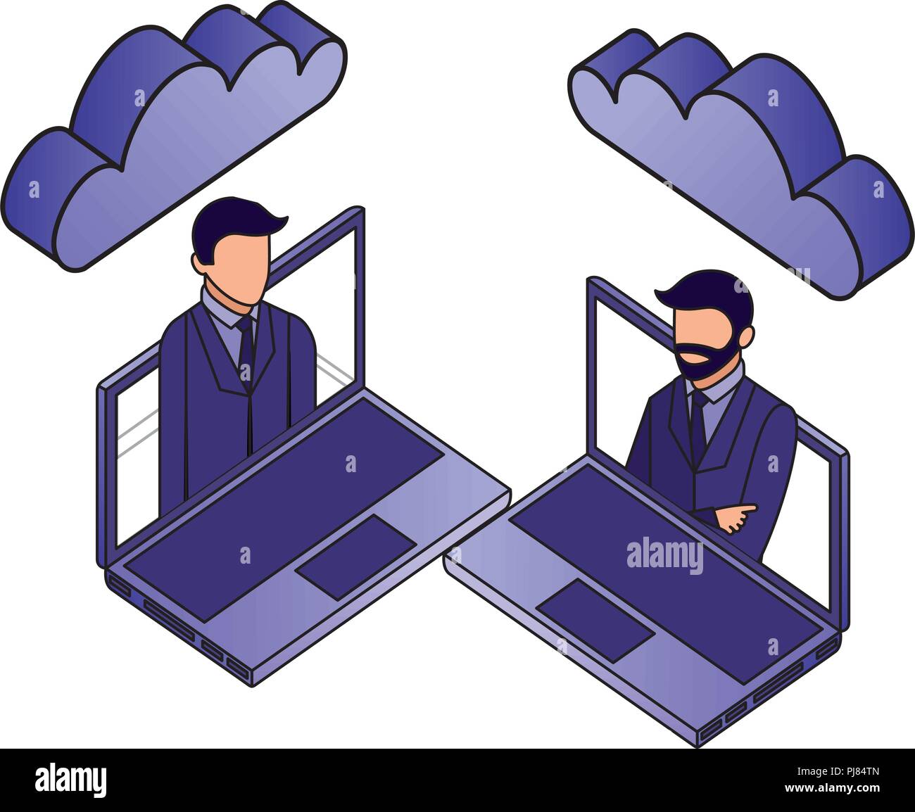 two business man in laptop cloud computing network vector illustration ...