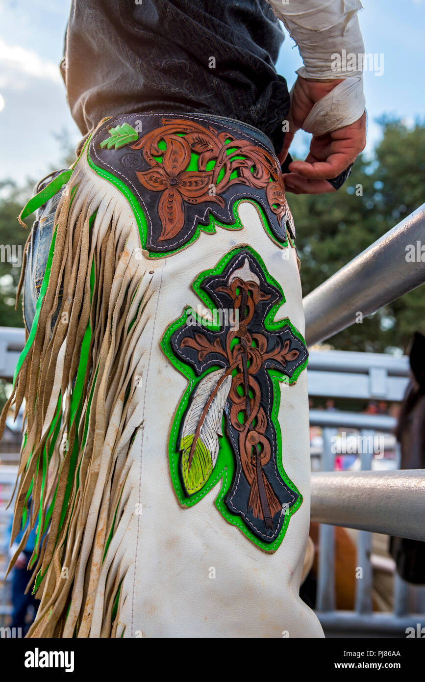 Cowboy in western chaps. Texas rodeo USA. Stock Photo