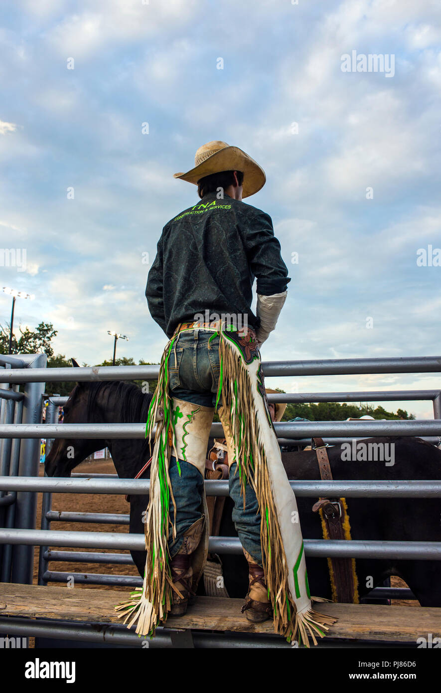 Cowboy in western chaps. Texas rodeo USA. Stock Photo