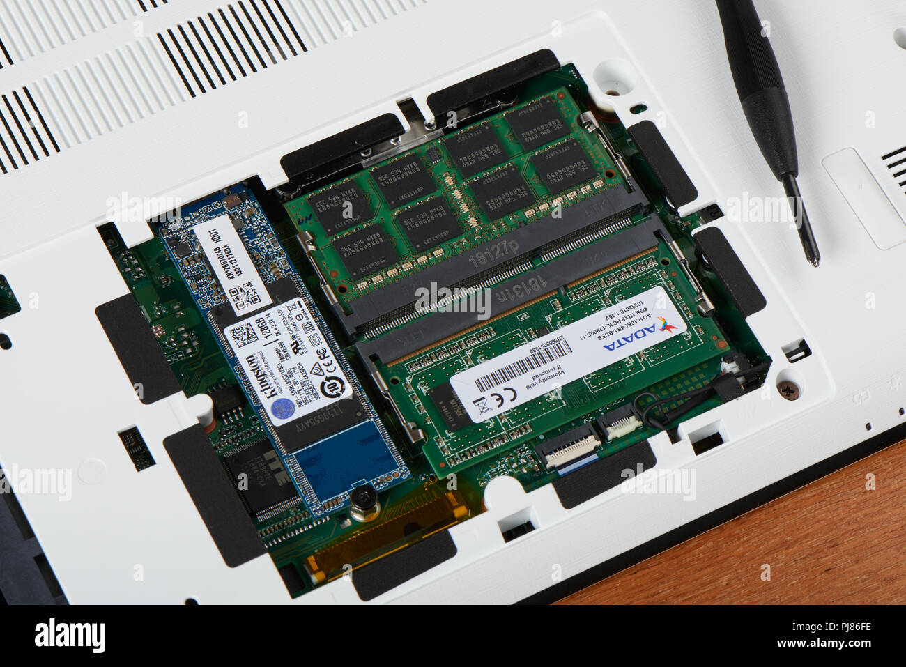 Gimpo-si, Korea - July 10, 2018: Access panel with DDR3L RAM and M.2 sata SSD on the bottom of a laptop, which has  RAM and SSD sata M.2 slot for hard Stock Photo