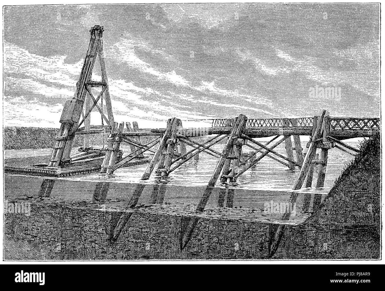 Caesar's Rhine Bridge. Section through the water and the ground to illustrate the arrangement of the piles. After the model in the Museum of St. Germain. (Duruh, 'Histoire des Romains'), Stock Photo