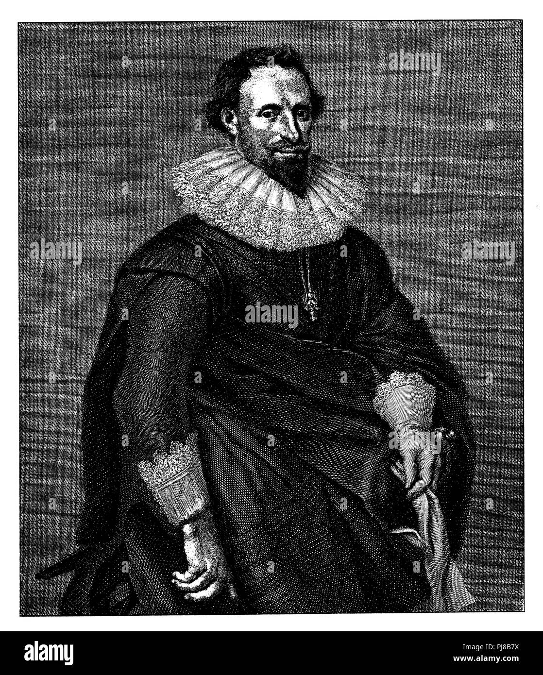 Poet and story writer Pieter Hooft. After a painting by M. v. Mierevelt engraved by T. Houbraten, Stock Photo