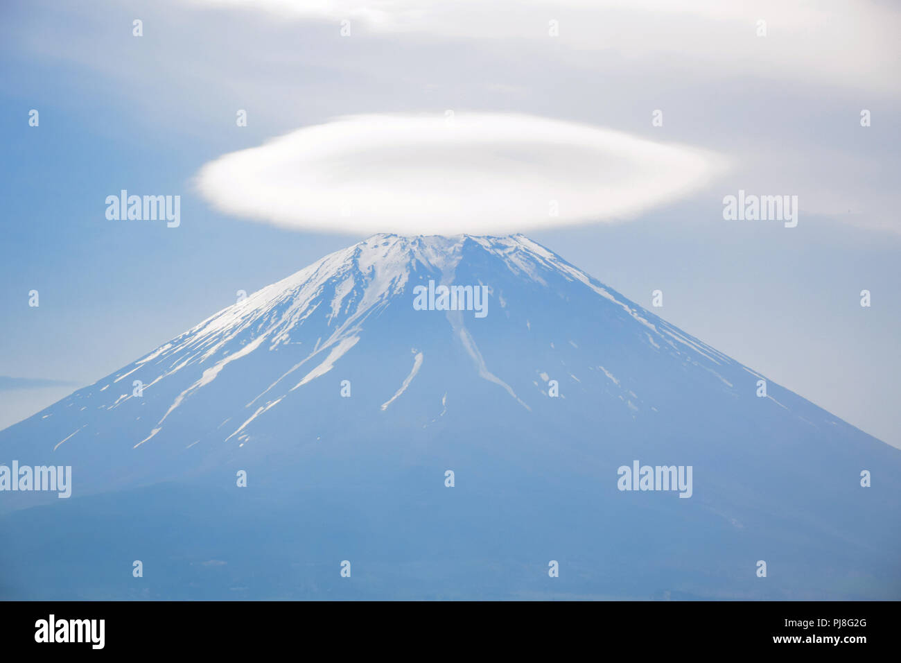 Mount Fuji view with cloud on top of its peak at Fuji Shibazakura moss phlox Festival in Kawaguchiko, Japan Stock Photo