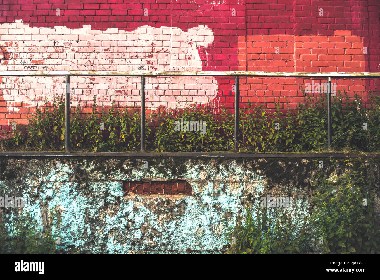 Red and blue brick wall with an iron handrail overgrown with a grass and a nettle Stock Photo