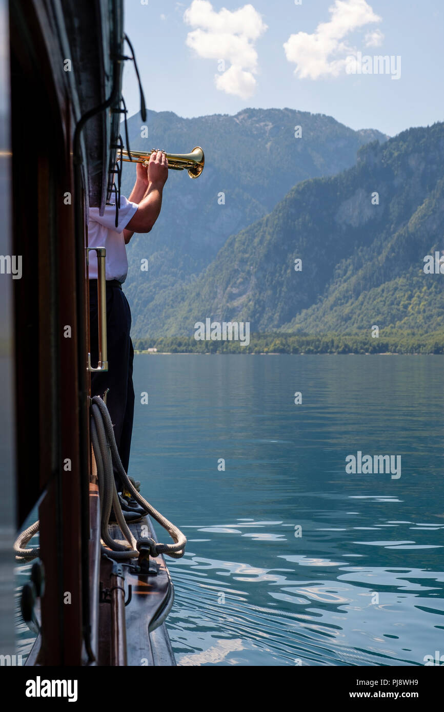 Trumpet for Echo from the ship, Echowand am Königssee, Schönau am Königssee, Berchtesgaden National Park Stock Photo