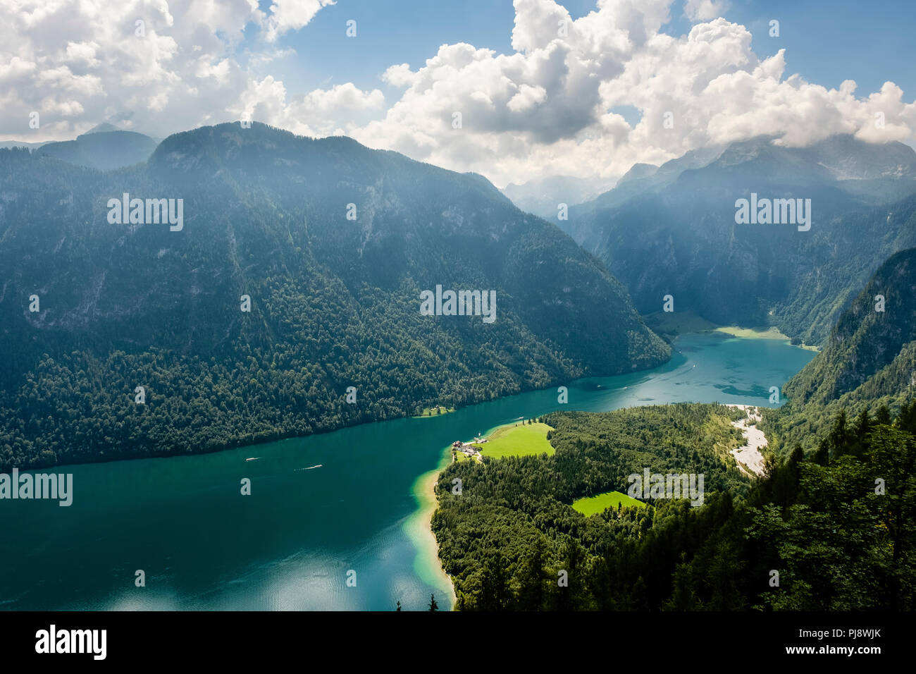 View of the lake Königssee and the pilgrimage church Sankt Bartholomä from the Rinkendelsteig, Berchtesgaden Alps Stock Photo