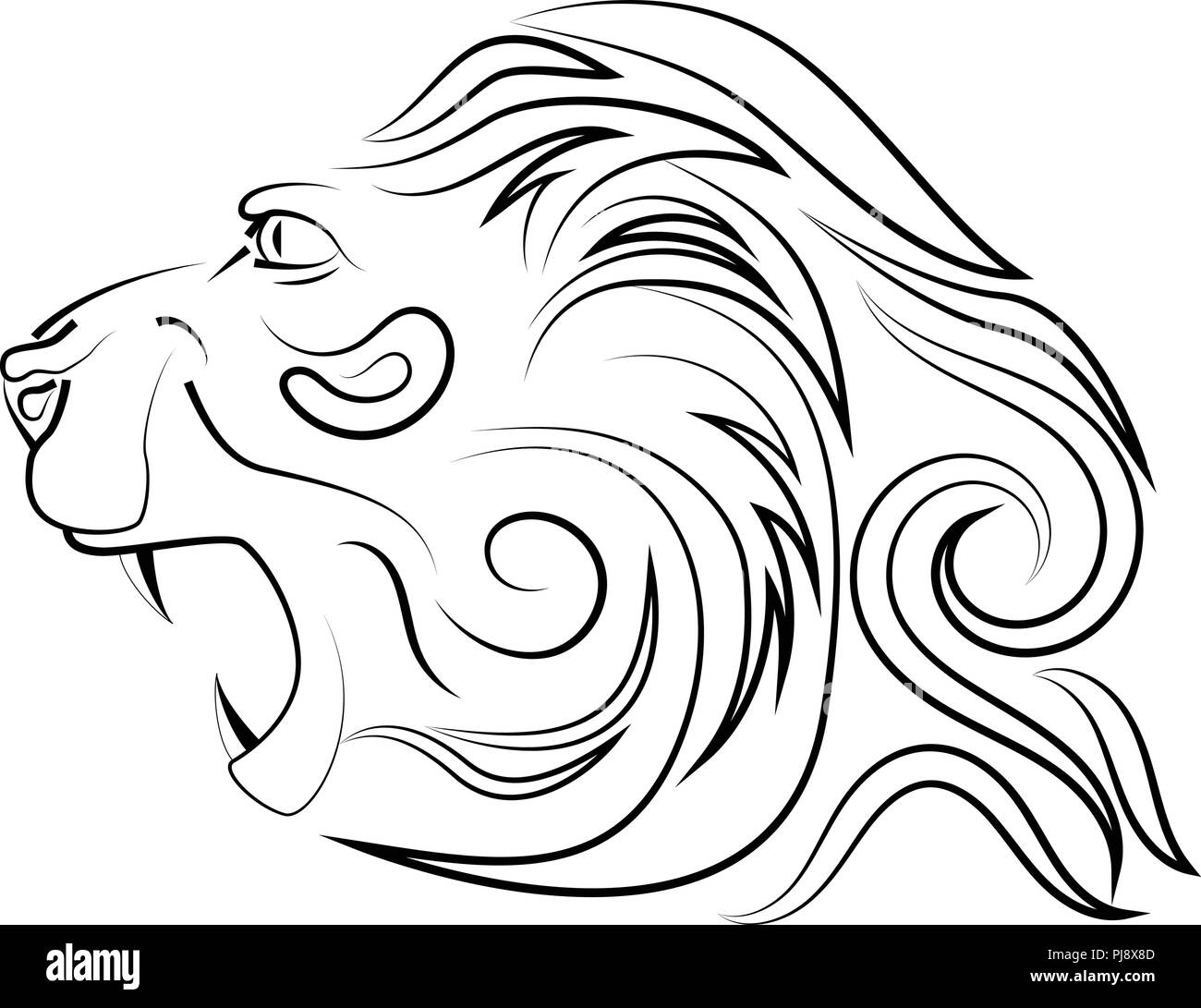 Head of lion with an open mouth with canines. Vector logo. Linear art. Concept of power and power. Stock Vector