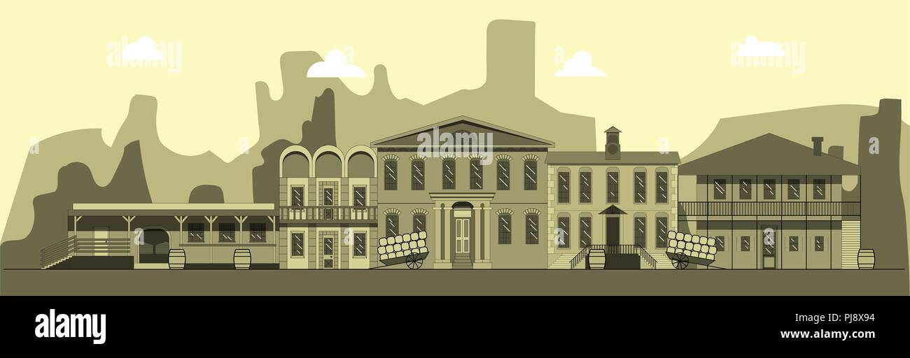 City street in style of wild west. Building, tavern bank and other buildings on background of mountains. Illustration in style of flat Stock Vector