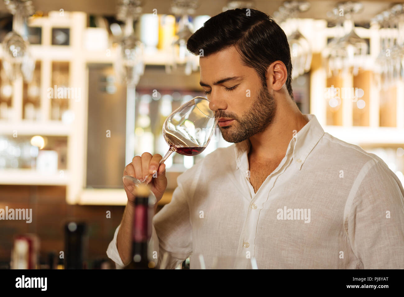 Attractive good looking man smelling the wine Stock Photo - Alamy