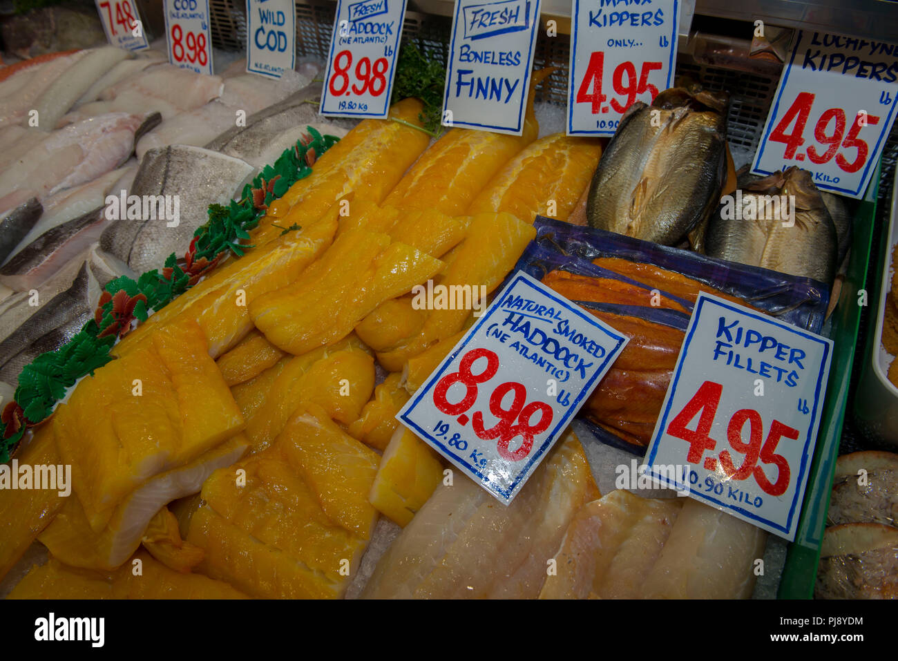 Fresh fish on sale at a fish market. Stock Photo