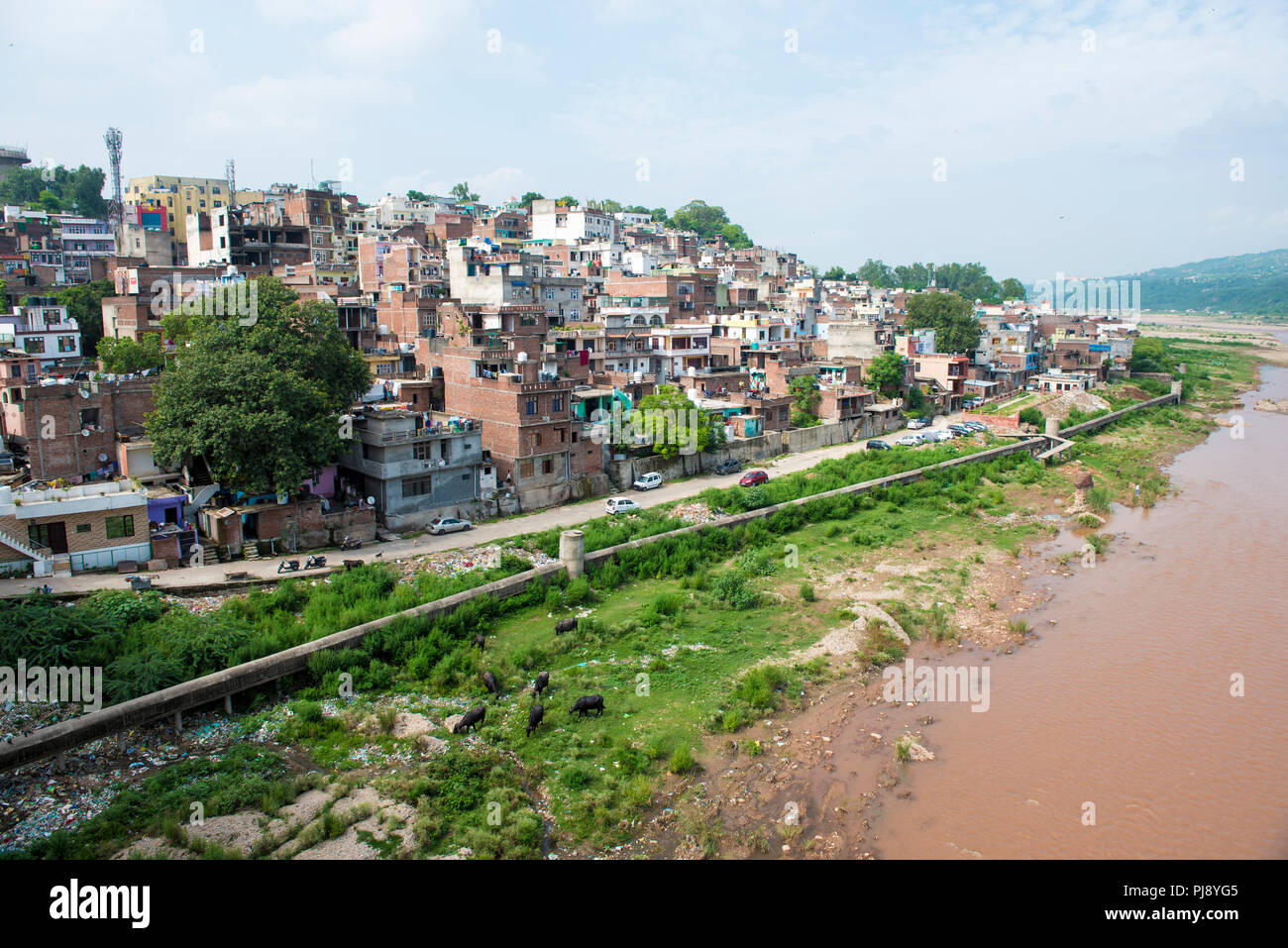 2018 View of Jammu city and the Tawi River at Jammu and Kashmir India Stock Photo