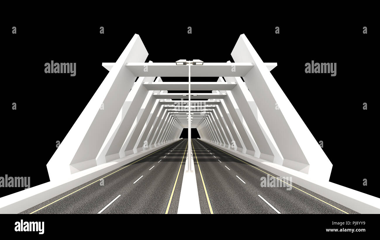 Tunnel,3d Rendering,3d Illustration, Road,Street light,Night, White, Bridge,3d Bridge,3d Bridge Illustration, Highway,Black,architecture, Bridge Mode Stock Photo