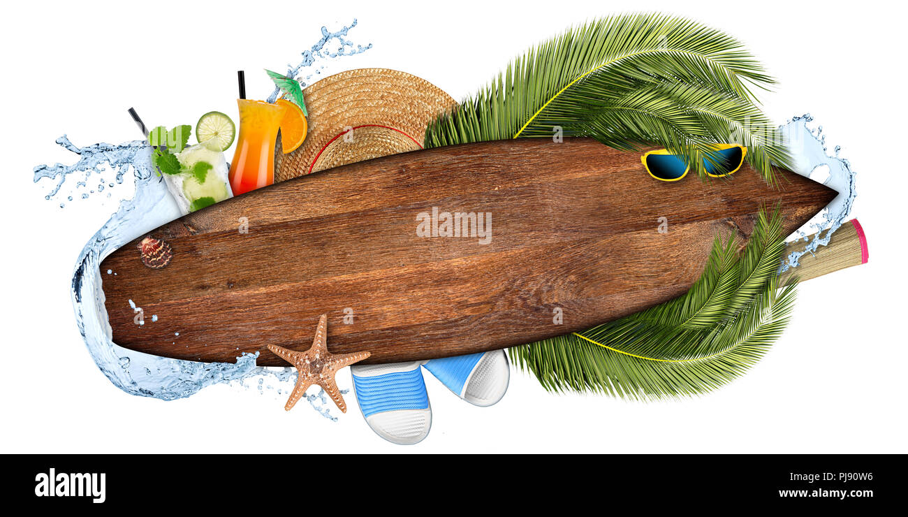 beach summer cocktail bar concept tourism background empty wooden surfboard with copy space coco palm water splash straw hat and seastar isolated on w Stock Photo