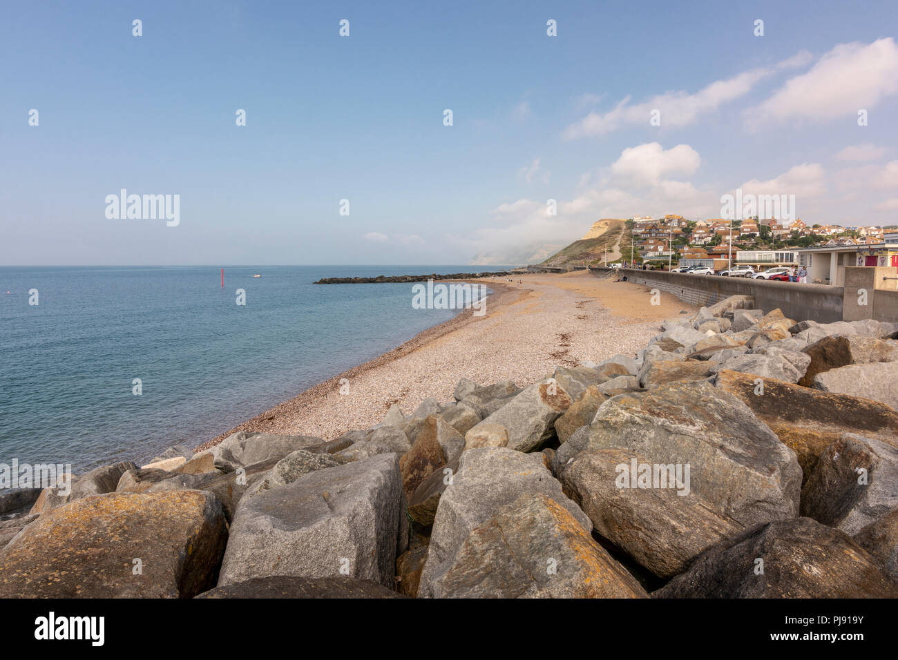 Looking west across Chesil Beach and the Esplanade at West Bay, Dorset