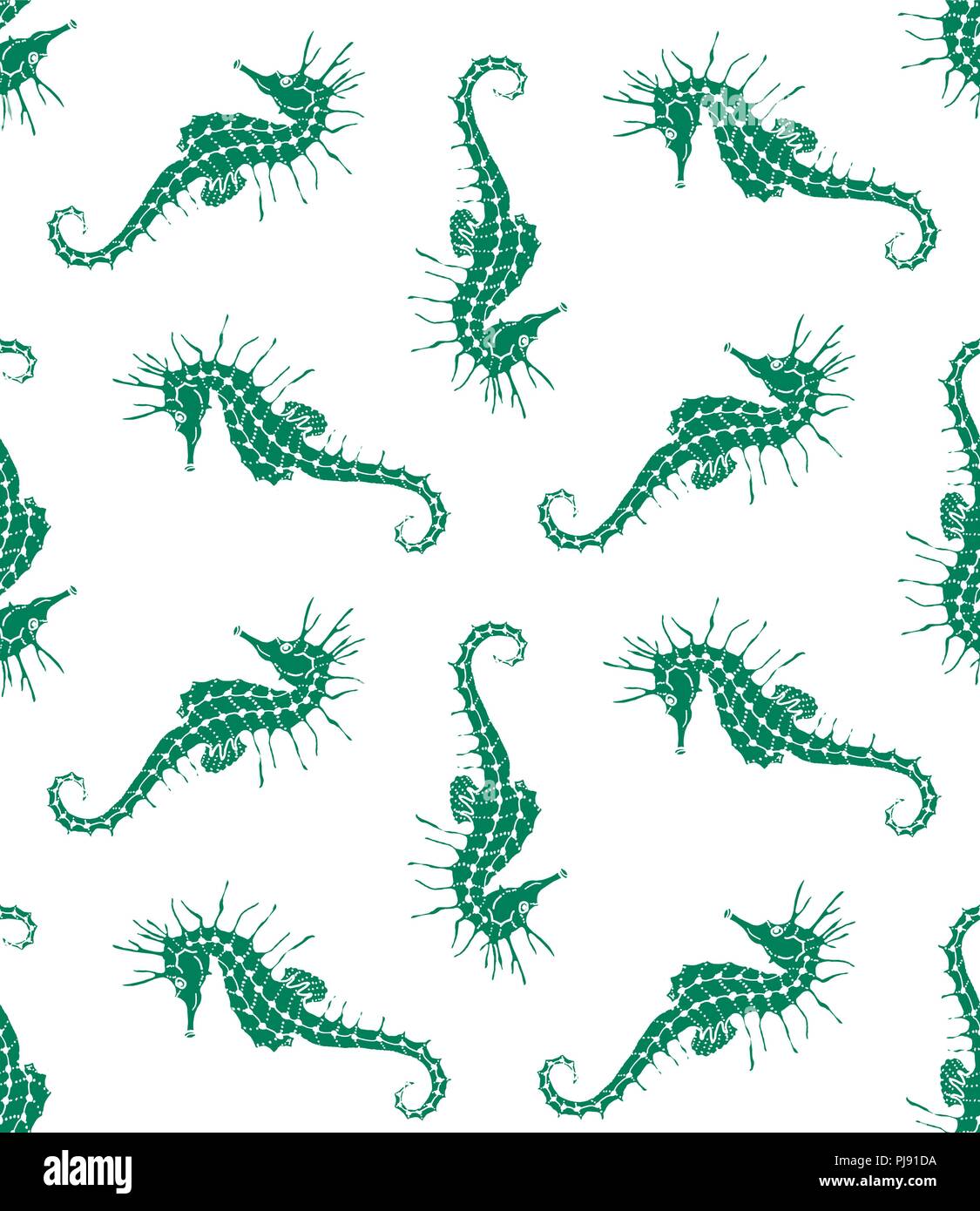 Vector seamless pattern of green seahorse silhouette on white ...