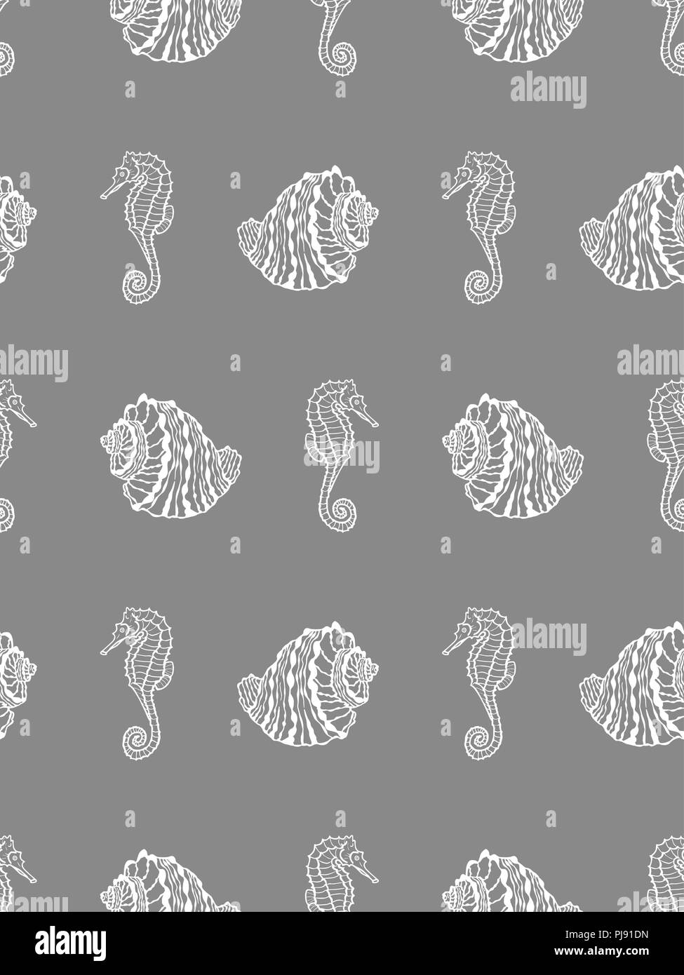 Vector seamless pattern from white seashell and seahorse on gray ...