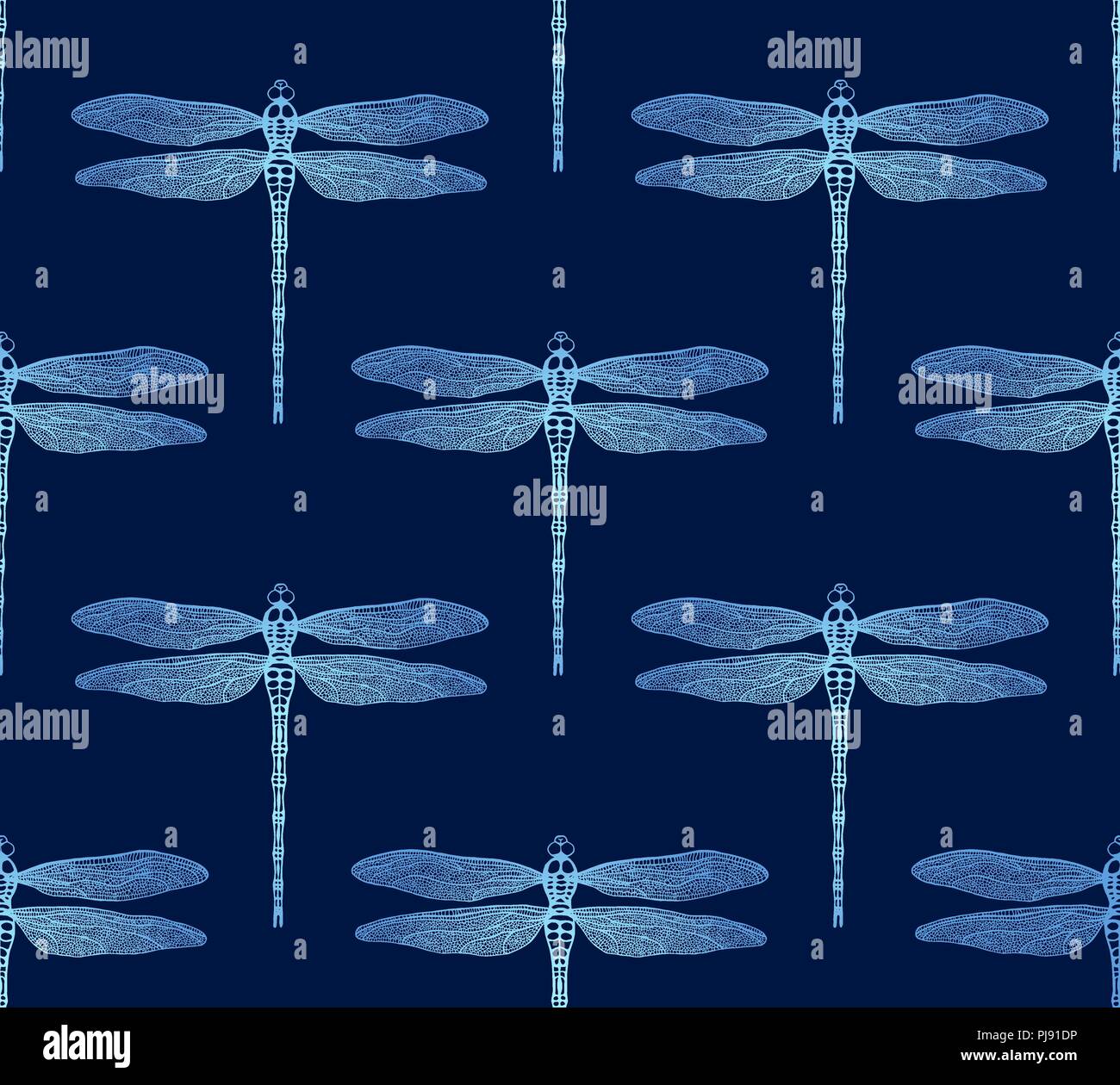 Vector seamless pattern from gradient luminous dragonfly on blue background Stock Vector
