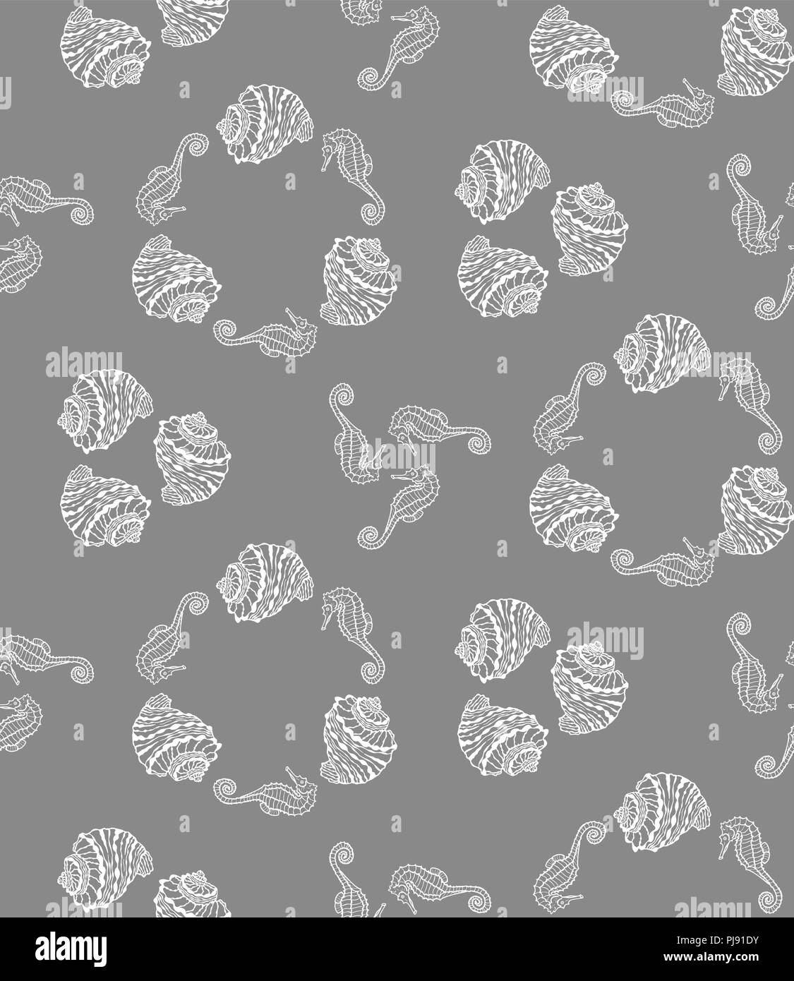 Vector seamless pattern from white seashell and seahorse on gray ...