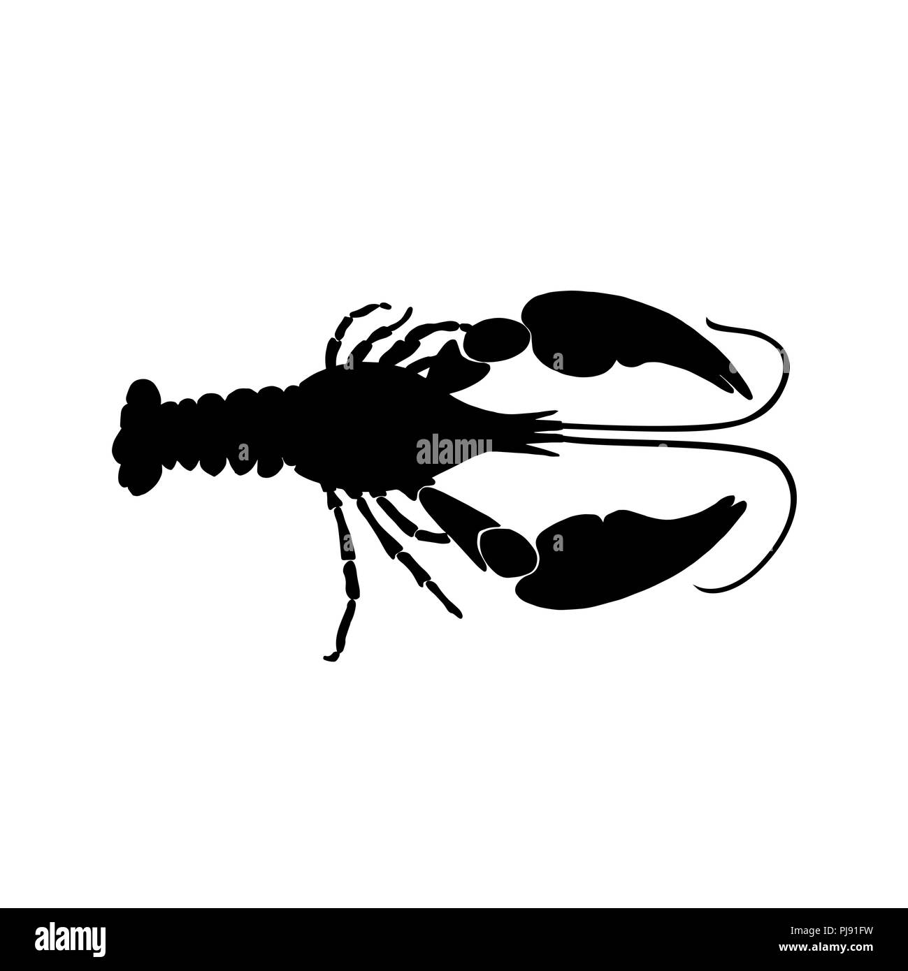 Vector illustration of black crawfish silhouette on white background. Cancer silhouette Stock Vector