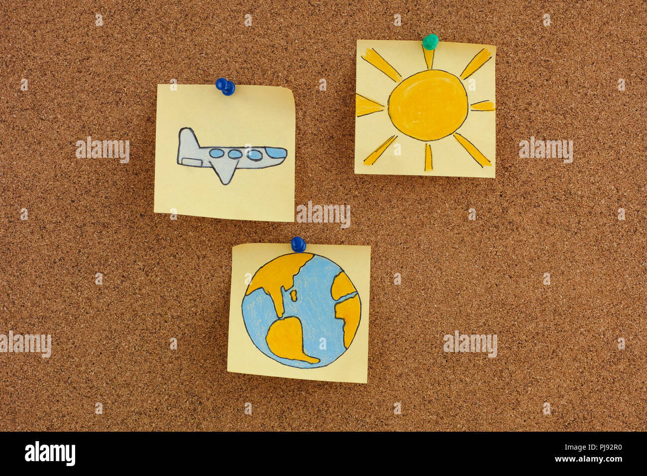 Airplane flying around the Earth. Post it notes with plane, planet Earth and Sun. Travel or vacation concept. Stock Photo