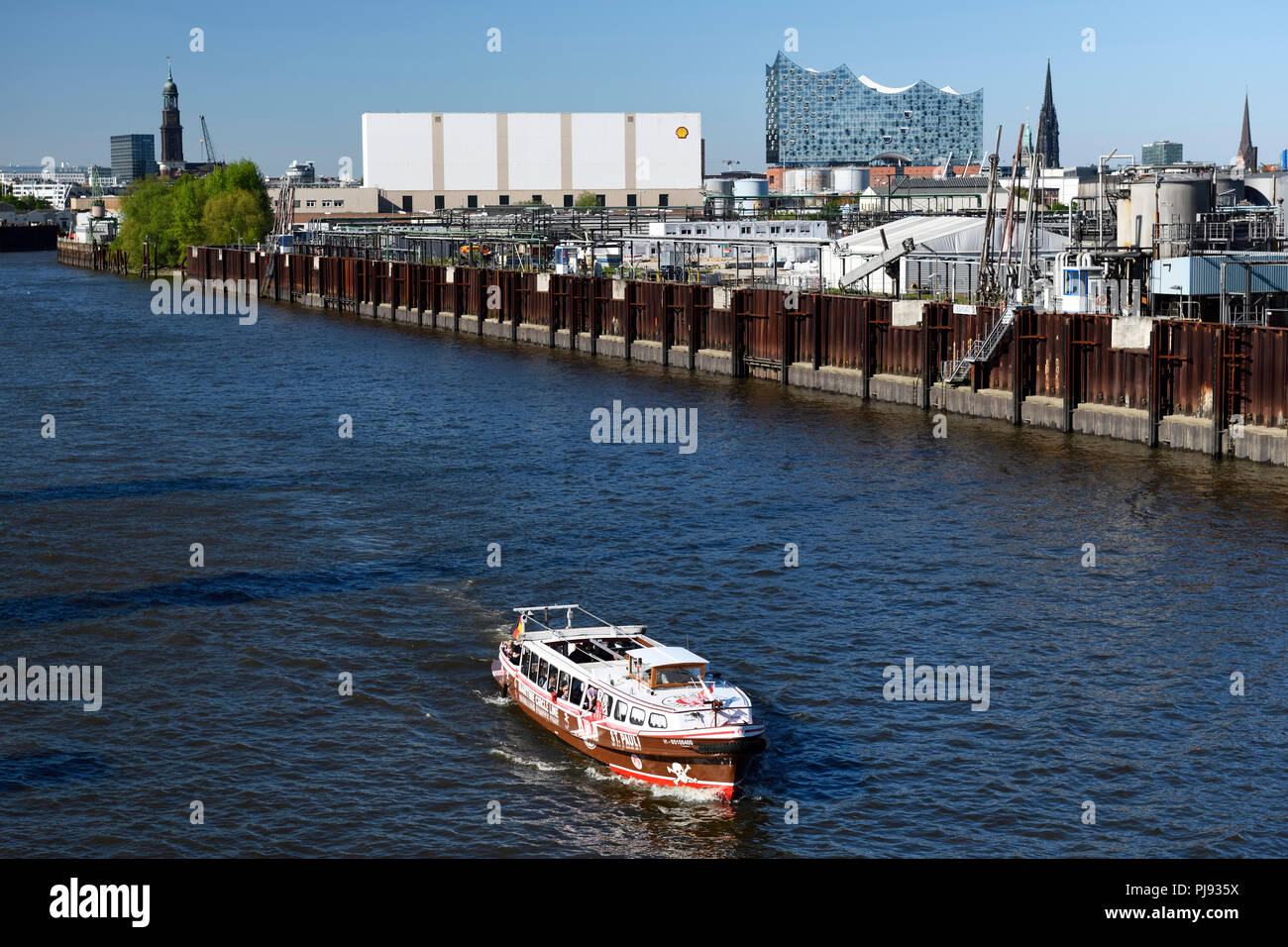 Longboat in the colours of the football association FC Saint Pauli on the Reiherstieg in Hamburg, Germany, Europe, Barkasse in den Farben des Fußballv Stock Photo