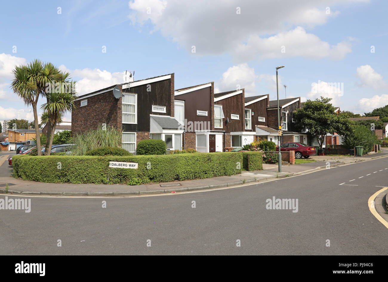 A row of 1980s built houses at Abbey Wood, southeast London, part of the Thamesmead development, famous for its 1960s concrete tenements. Stock Photo